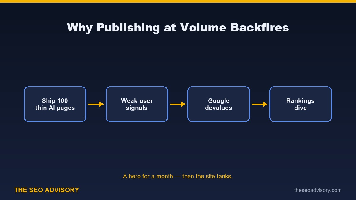 Why Publishing 100 AI Pages Will Tank Your Rankings