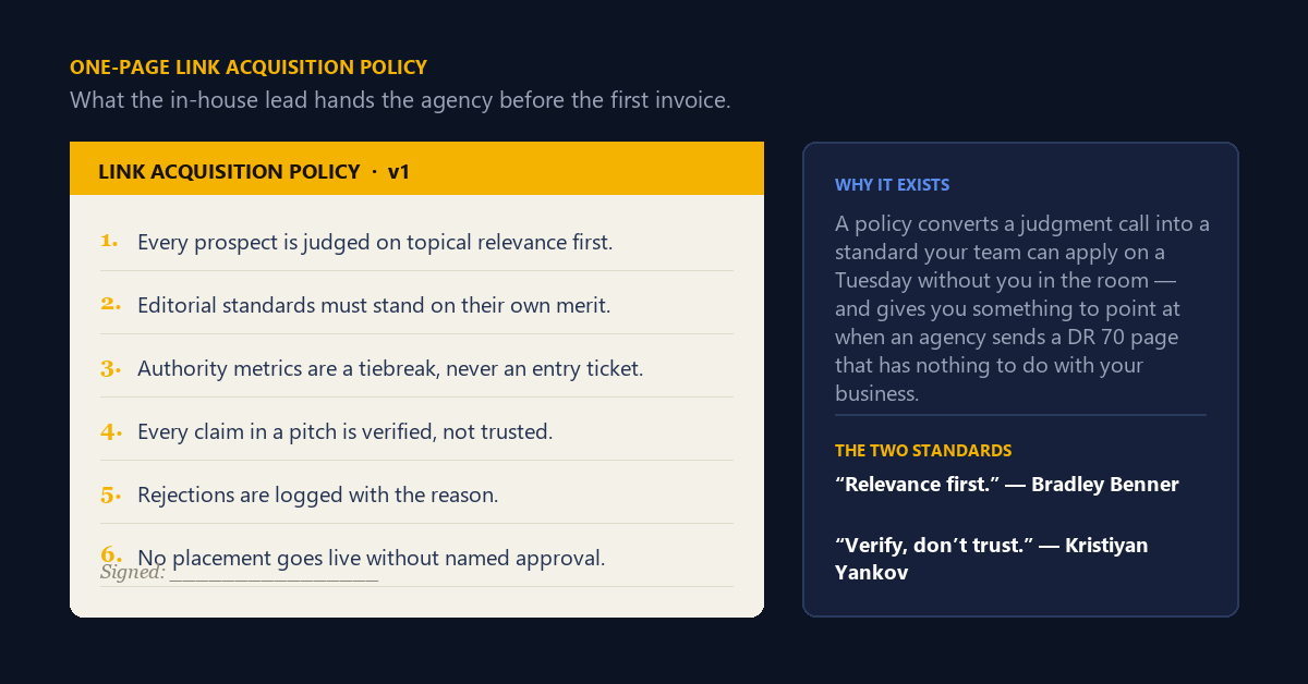 A one-page link acquisition policy document an in-house lead can hand to an external agency.